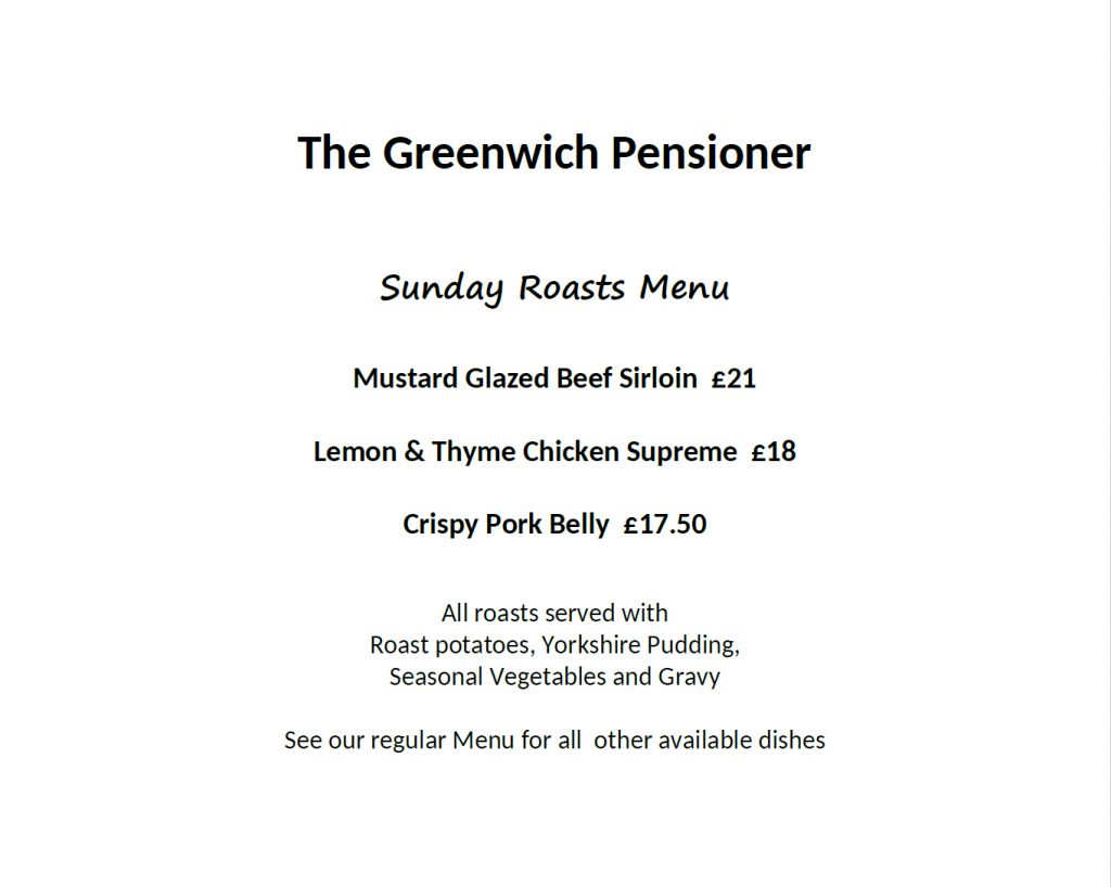 The Greenwich Pensioner - Sunday Roast Menu